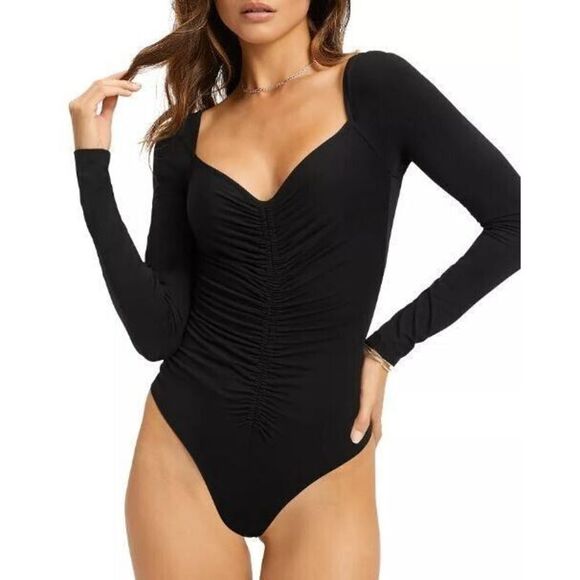 Good American GB0395 Women Sz 2/M Black Good Touch Ruched L/S Thong Bodysuit - Picture 10 of 10